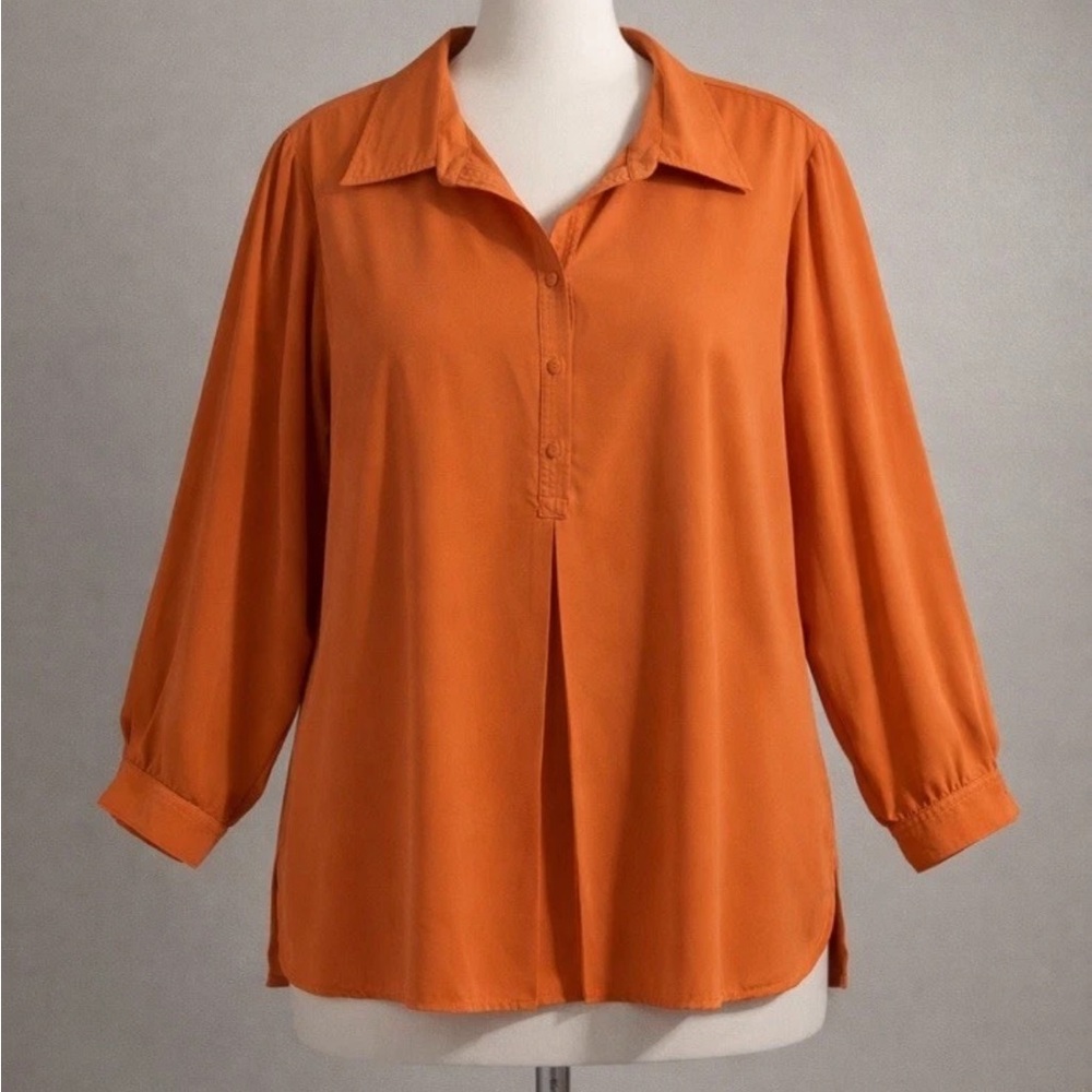 Susan Graver Cool Peachskin
Trapunto Stitch Henley Tunic 
Orange Blouse Top